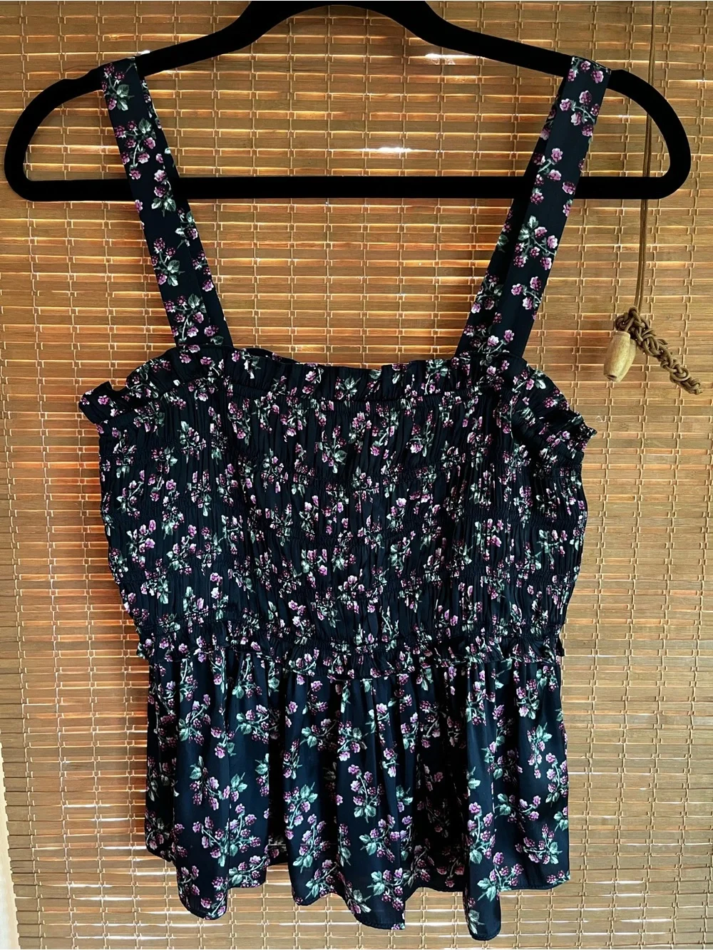 J.Crew Smocked Navy Floral Tank Top with Pink Blossoms